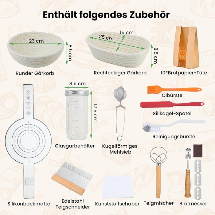 Набір для закваски GEEKHOM: 14 предметів для випікання хліба (заквасочний кошик круглий та овальний, склотара 650 мл, скребок для тіста)