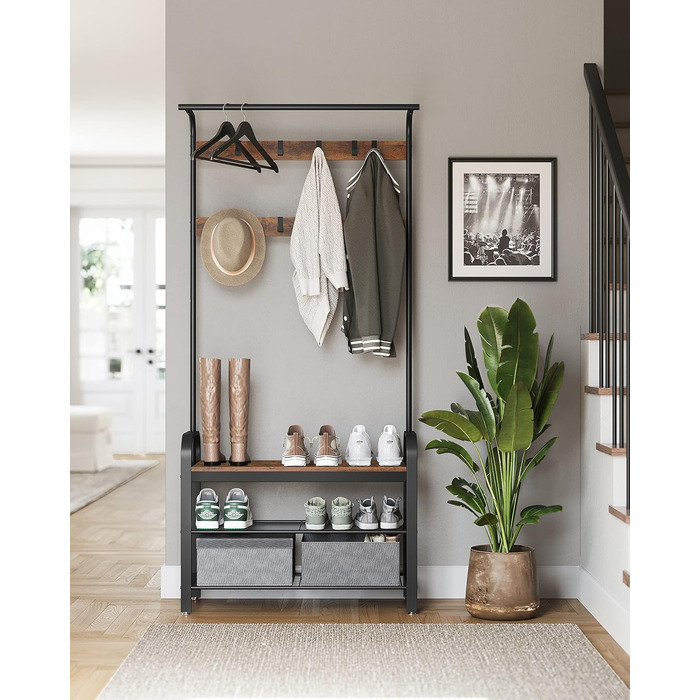 Стійка для одягу VASAGLE з полицею для взуття, 4-в-1, 9 гачків, 33.7 x 72 x 183 см, індустріальний дизайн, горіхово-коричневий/чорний