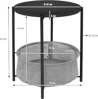 Журнальний стіл ML-Design круглий Ø46 x H51 см, металевий, журнальний столик з тканинним кошиком і знімним підносом, диванний стіл з кошиком для зберігання, сучасний дизайн, маленький столик, стіл для вітальні Приліжкова тумбочка (антрацит)