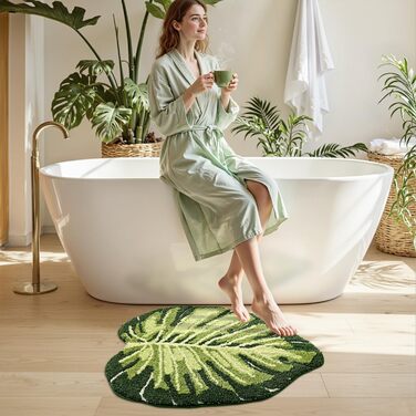 Килимок для ванної кімнати DEXI Ovale Beige (60x80 см) з антиковзаючою основою, з малюнком Монстера, для душу, спальні, дитячої кімнати