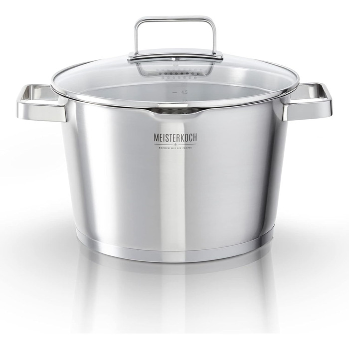 Каструля Meisterkoch з нержавіючої сталі 16 см Ø | з виливом, мірною шкалою та ізольованою ручкою | 1 скляна кришка з дрібним та великим ситом | посуд з нержавіючої сталі, підходить для індукційних плит (24 см)