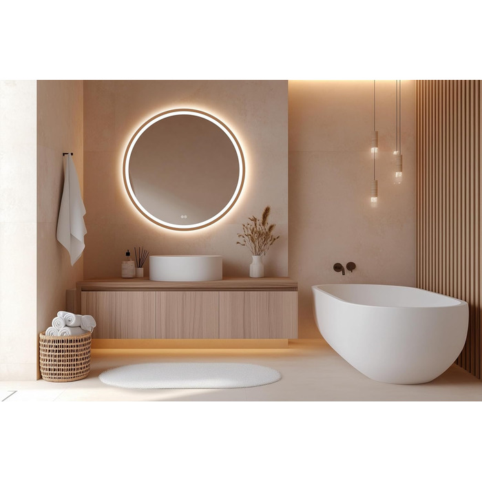 LED дзеркало для ванної кімнати Home Glow круглої форми 80 см з підсвічуванням, антизапарюванням, сенсорним вимикачем та металевим каркасом (червоне золото)