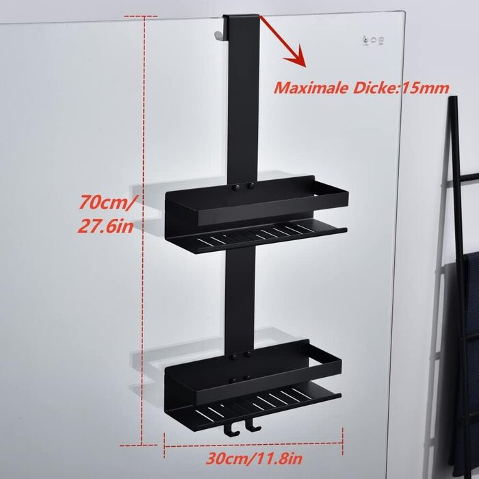 Настінна полиця для душу з 2 ящиками, SUS304 нержавіюча сталь, матовий чорний, з гачками, для скляних душових кабін