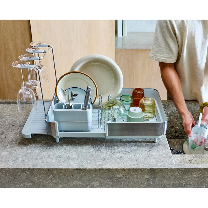 Сушарка для посуду Joseph Joseph Extend з нержавіючої сталі, висувна, компактна, з підставкою для столових приборів та поворотним зливом (Plus, Light Stone)