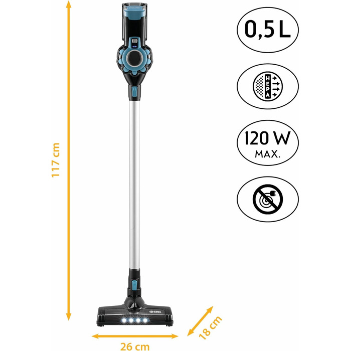Бездротовий ручний пилосос TZS First Austria Світлодіодне освітлення До 40 хвилин автономної роботи Фільтр HEPA 2-в-1 Настінна зарядна станція Контейнер для пилу 0,5 л (Чорний/синій)