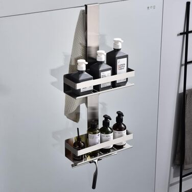 Настінна поличка для душу з 2 ярусами, нержавіюча сталь SUS304, з гачками, для скляних душових кабін, H30BN-2DH, 2 відділення, матове нікель