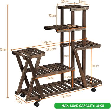 Підставка для квітів Yaheetech дерев'яна з колесами, багатоярусна 97,5х33х101см