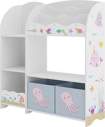 Дитяча полиця для іграшок Lysekil від en.casa: полиця-шафка для книг та іграшок, 100 x 93 x 30 см, з 2 коробками для зберігання, блакитний колір