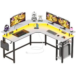 Комп'ютерний стіл Rolanstar L-подібний з RGB підсвічуванням та розетками, геймінговий стіл з полицею та гачками, для офісу, робочого кабінету, спальні (білий, 137 см), 137 x 137 x 87 см