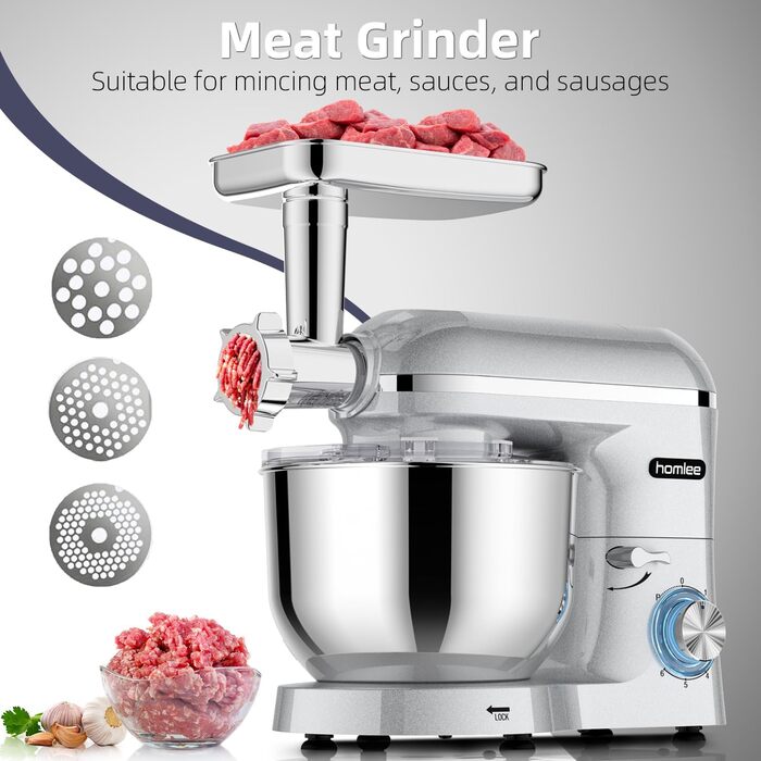 Універсальна кухонна машина 2000W 3-в-1 з м'ясоподрібником, соковитискачем та міткою, 5.5л чаша, срібна