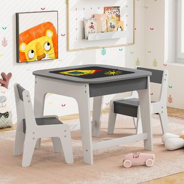 Дитячий стіл DREAMADE з 2 стільцями: комплект меблів для дитячої кімнати з двосторонньою стільницею та місцем для зберігання, 3-ох частинний набір для дітей від 3 років, підходить для дитячих кімнат та садочків (натуральний+білий) (сірий+білий)