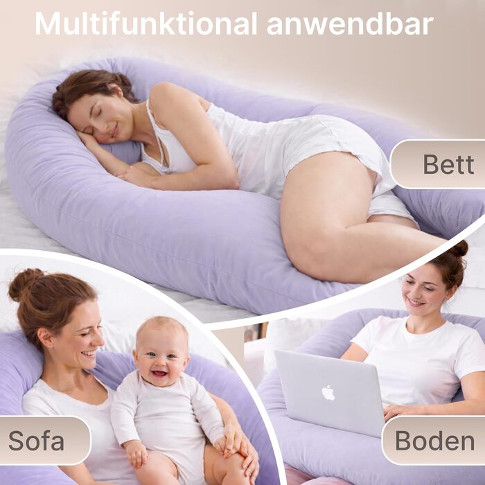 Подушка для вагітних ELONEO NEU для сну на боці, подушка для годування, XXL, фіолетова, знімний чохол, подушка для читання, пральна