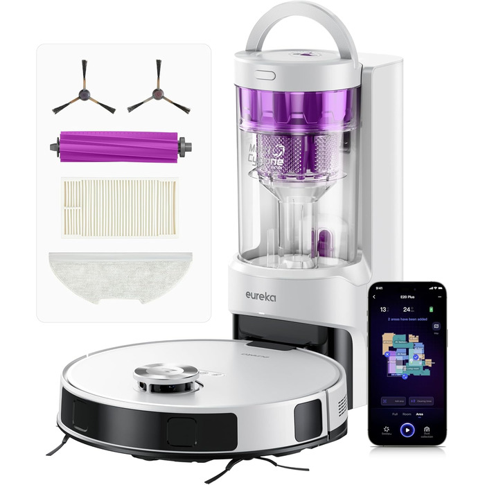 Робот-пилосос EUREKA E20 Plus з самостійною станцією спустошення, 8000Pa, функція миття підлоги, 45 днів автономної роботи, захист від заплутування волосся, AI 3D уникнення перешкод, підходить для світлих підлог