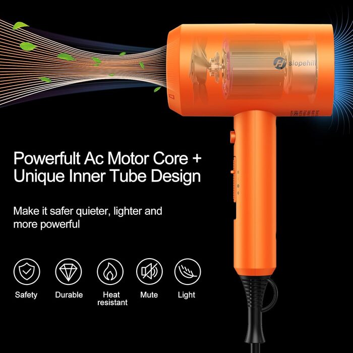 Іонний фен для волосся Slopehill 1800W для швидкого сушіння, професійний салонний фен з 3 насадками (концентратори та дифузор), 3 режимами температури та 2 швидкостями, помаранчевий