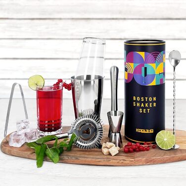 Набір шейкер для коктейлів Boston Shaker Set: скло, нержавіюча сталь, професійний барменський набір з ситечком Hawthorne