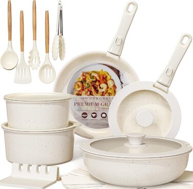 Набір посуду Astercook 21 предмет: каструлі та сковорідки з антипригарним покриттям, керамічний набір посуду, знімні ручки, для дому та кемпінгу, сумісний з індукцією, можна мити в духовці, стійкий