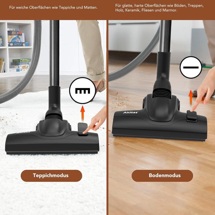Пылесос Akitas C11 900W с мешком – сетевой шнур 7 м, радиус действия 10 м, тихая работа 70 дБ, с дополнительной насадкой для пола, регулируемая мощность всасывания, большой объем, для твердых полов и ковров