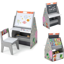 Дитячий набір 3 в 1 Dreamade: стіл, стільчик, книжкова полиця та контейнер, з магнітною дощечкою, сірий