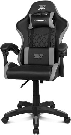 Ігровий крісло DRIFT GAMING DR35 – професійне, чорно-сіре, з підлокітниками, регульоване, з подушками для спини та шиї