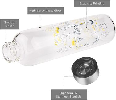 Скляна пляшка для пиття Reeho, спортивна пляшка з боросилікатного скла, пляшка для води з неопреновою кришкою та герметичною кришкою з нержавіючої сталі, 500 мл / 1000 мл / 1 літр (500 мл, квітучі гілочки)