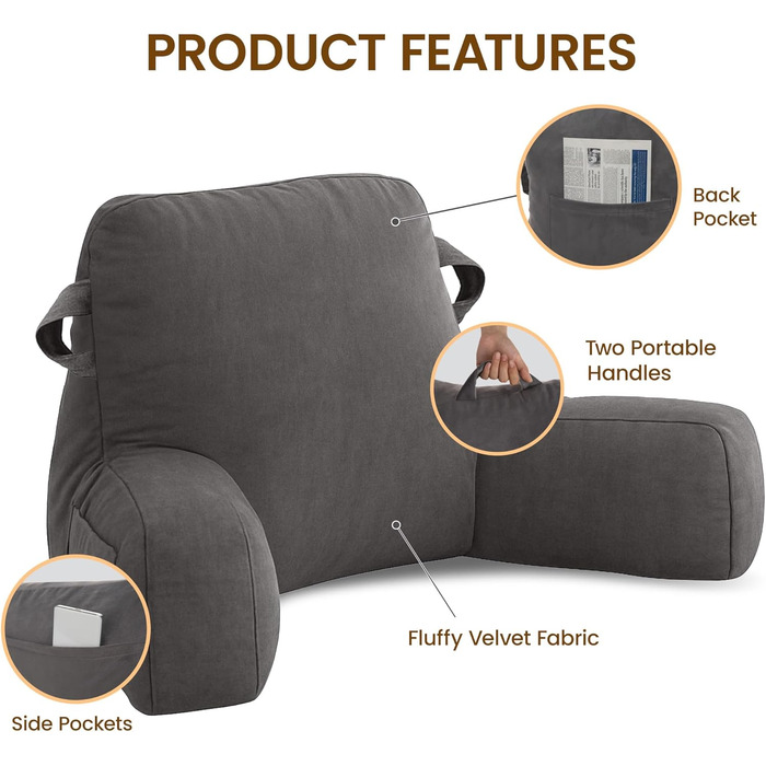 Лежак для читання в ліжку для дорослих, подушка для відпочинку в ліжку з підлокітниками, подушка для підтримки спини для сидіння в ліжку, подушка для відпочинку в ліжку зі знімним та пральним чохлом, світло-сіра