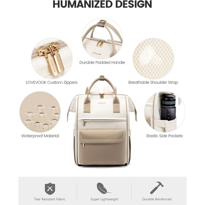 Сумка-рюкзак LOVEVOOK для жінок, 15.6 дюймів, для ноутбука, подорожей, роботи, школи, універу, офісу, водонепроникна, елегантна, бежева