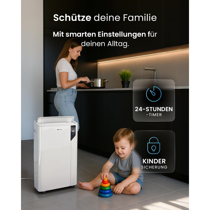 Електричний осушувач повітря Pro Breeze 20L - для приміщень до 35м², з функцією сушіння білизни, датчиком вологості, таймером та фільтром. Захист від плісняви. Керування через додаток.