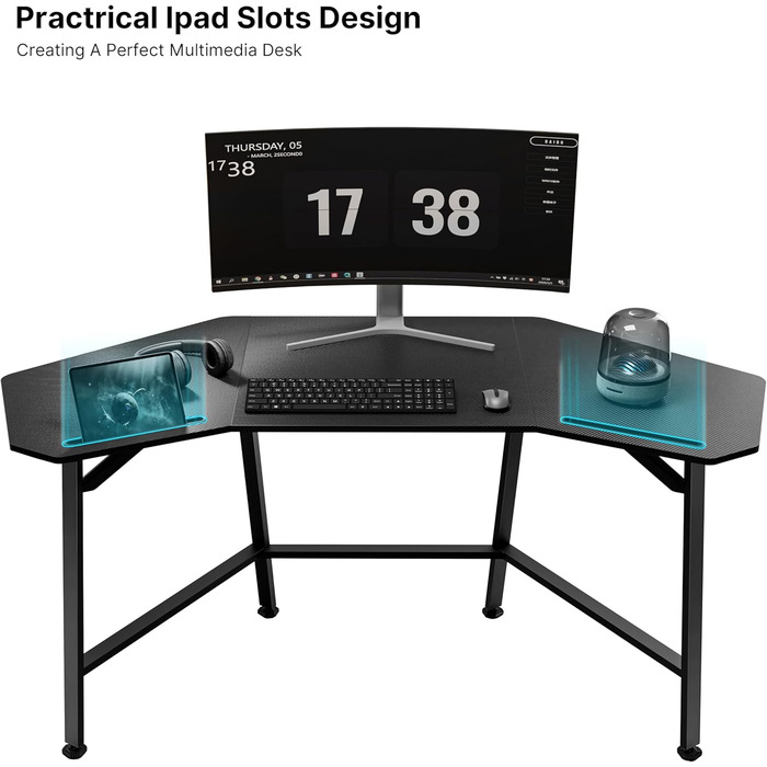 Ігровий стіл EUREKA ERGONOMIC 160x74 см - великий стіл у формі крила для ігор, ПК, дому, офісу, стрімінгу. 2 слоти для iPad. Чорний.