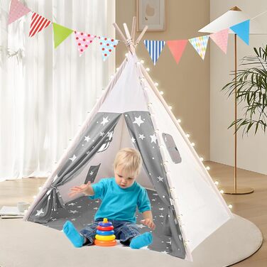 Дитячий намет-типі Kindertipi Dacron 120x120x160 см з вікном, миється, для дитячої кімнати, 4-х стовпчиків, білий (сірий та білий)