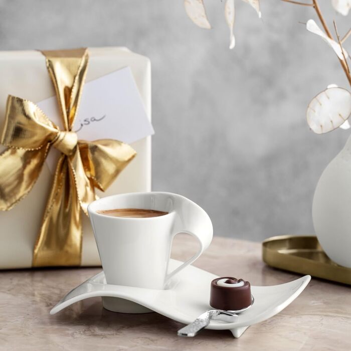 Набір кавовий Villeroy & Boch NewWave Premium Cappuccino, 8 предметів на 4 персони, білий, для кавоварки, сумісний з миючим засобом та мікрохвильовою піччю, хвильовий дизайн