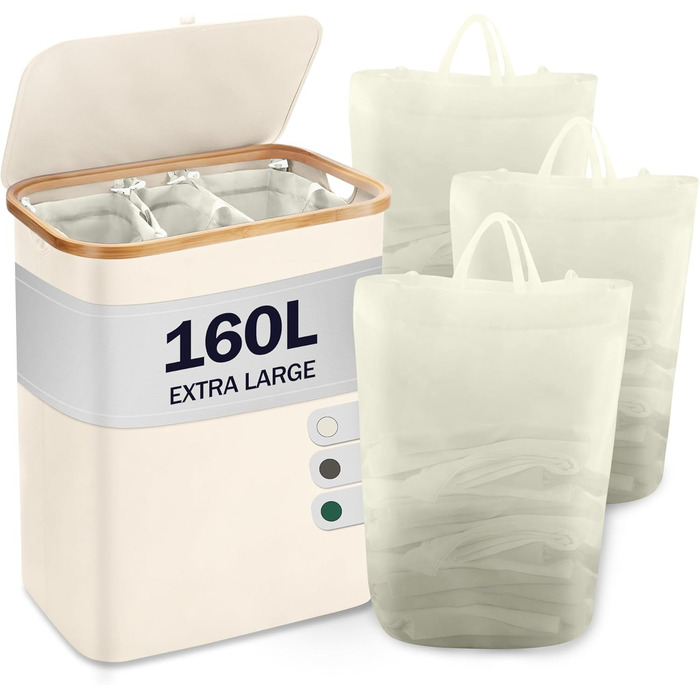 Кошик для білизни Youdenova з кришкою, великий, 160л, бамбук та дерево, сортувальник для білизни, білий