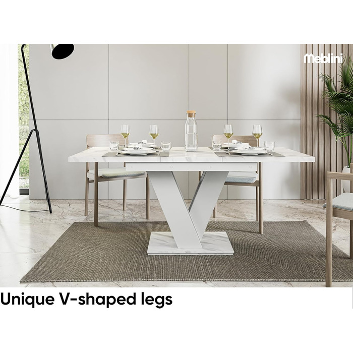 Обідній стіл MebleIni розсувний, сучасний дизайн, кухонний стіл, колона, чорний/білий глянцевий, 120-160x80x75 см, стільниця з білого мармуру/білий матовий