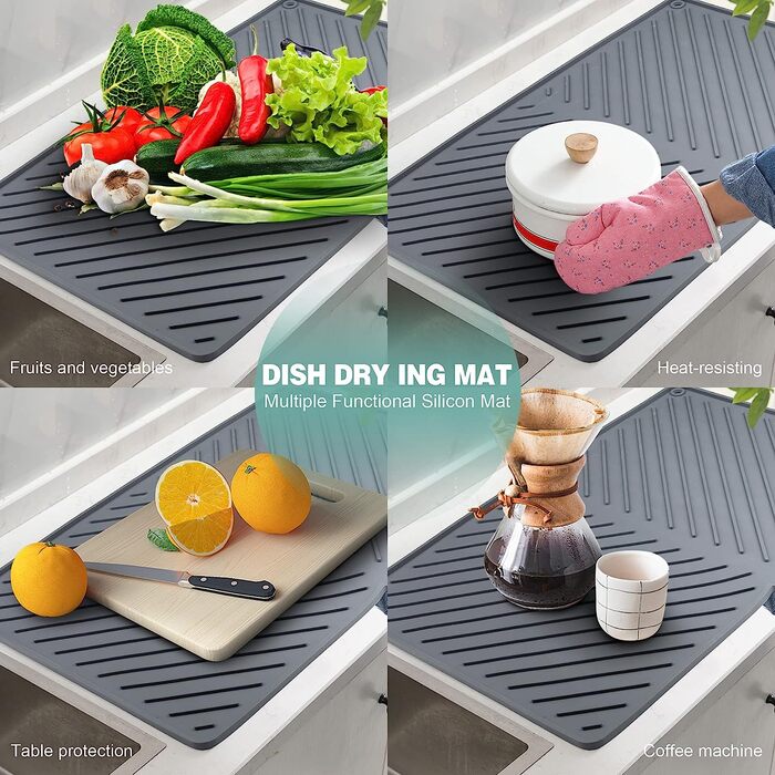 Силіконовий килимок для зливу IYYI, великий, екологічно чистий, термостійкий, придатний для миття в посудомийній машині, підставка для посуду, 60 x 38,6 см (великий розмір сірого кольору)