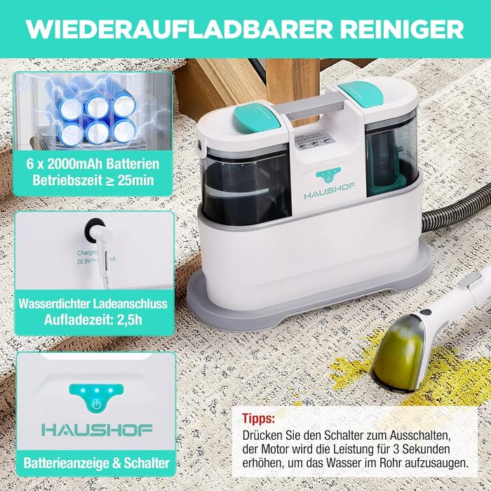 HAUSHOF StainZapper Pro: мийка для килимів та меблів, 450W, 12kPa, 1.5+0.8L, з миючим засобом та щіткою для швів. Ефективний видалення плям з килимів, диванів, меблів та авто.