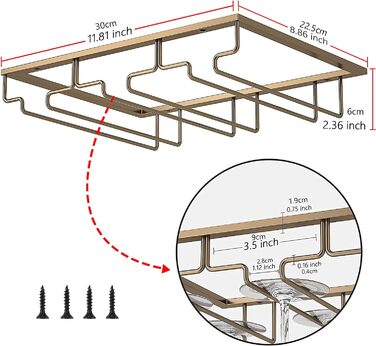 Підставка для келихів FIAMER - металева підставка для винних келихів, підвісна полиця для кухні, бару та ресторану (Золота, 3 ряди, 1 шт.)