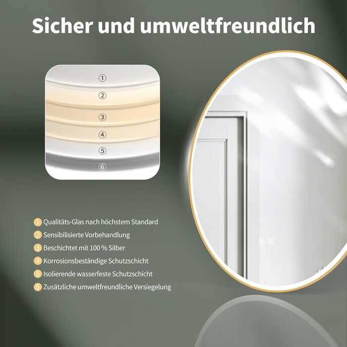 Дзеркало для ванної кімнати HOKO Design Riga діаметром 60 см з металевим каркасом. Кругле настінне дзеркало з енергозберігаючою LED-підсвіткою, сенсорним вимикачем, регулюванням кольору світла (тепле біле, холодне біле, нейтральне) (80x80 см, золото + ант