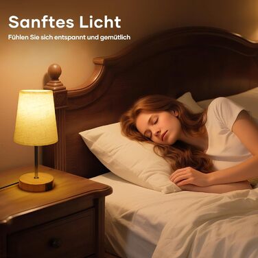 Настільна лампа Suright з торшером з льону, USB-портами A+C, регулюванням яскравості, дерев'яним цоколем, для спальні/вітальні (LED-лампочка в комплекті), бежева