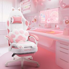 Ігровий крісло MEENICE Pink Katze з підголовником у вигляді лапки кота та вушками, з підніжкою, ергономічний ПК стілець для дітей та дорослих, рожево-білий, 200 кг