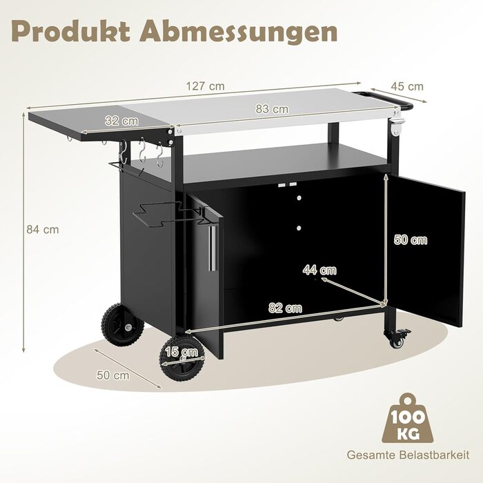 Grillwagen COSTWAY Outdoor: гриль-стіл з нержавіючою сталлю, відкидним бічним столиком, шафкою, 6 гачками та ручкою, до 100 кг, металевий столик для кемпінгу, пікніків, вечірок на відкритому повітрі, 127 x 50 x 84 см
