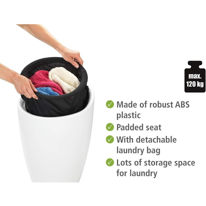 WENKO табурет для ванної кімнати Candy з місцем для зберігання та збирачем для білизни, ABS-пластик, 20 л, Ø 36 x 50,5 см