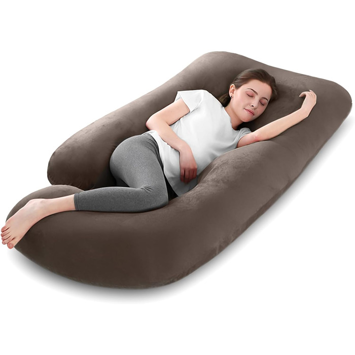 Вагітний подушка J-подібної форми, подушка для годування, подушка для підтримки тіла, подушка для вагітних знімний чохол, 140x70 см (Коричневий, Велюр)