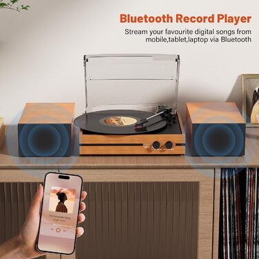 Вініловий програвач Bluetooth з стереодинаміками та USB, RCA вихід, дерев'яний корпус, грамофон для дому (помаранчевий)