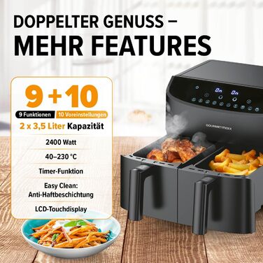 Двокамерна фритюрниця GOURMETmaxx 2x3.5 л, нержавіюча сталь, синхрозони, 2400 Вт, матовий чорний