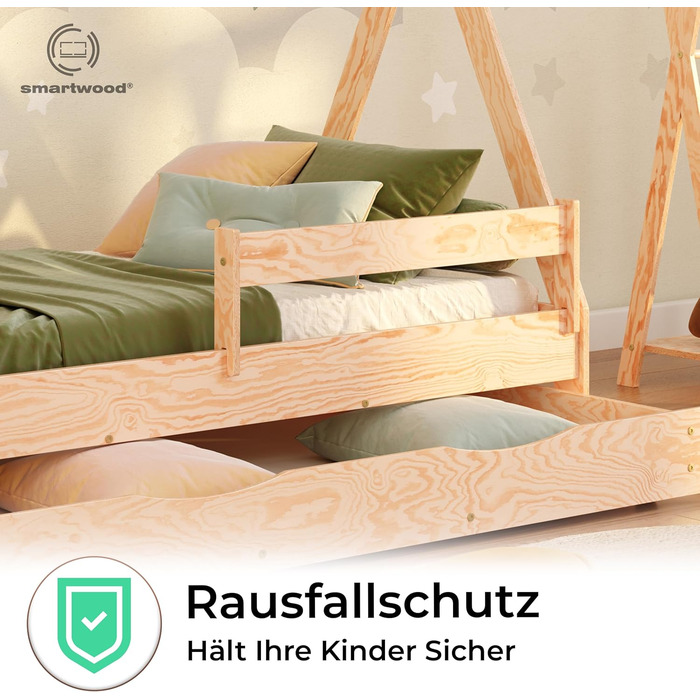 Дерев'яне ліжко-дитяча кімната Smartwood Hausbett Montessori Tipi F з сосни з сертифікатом FSC, захист від падіння, ламелі до 230 кг, для хлопчиків та дівчаток (80x160) з шухлядою