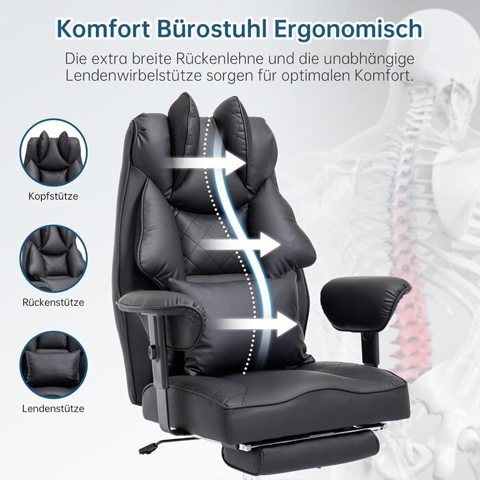 Офісний крісло Asukale Ergonomic 200kg з підніжкою, поперековою подушкою та широким сидінням, регульоване по висоті, імітація замші (чорний)