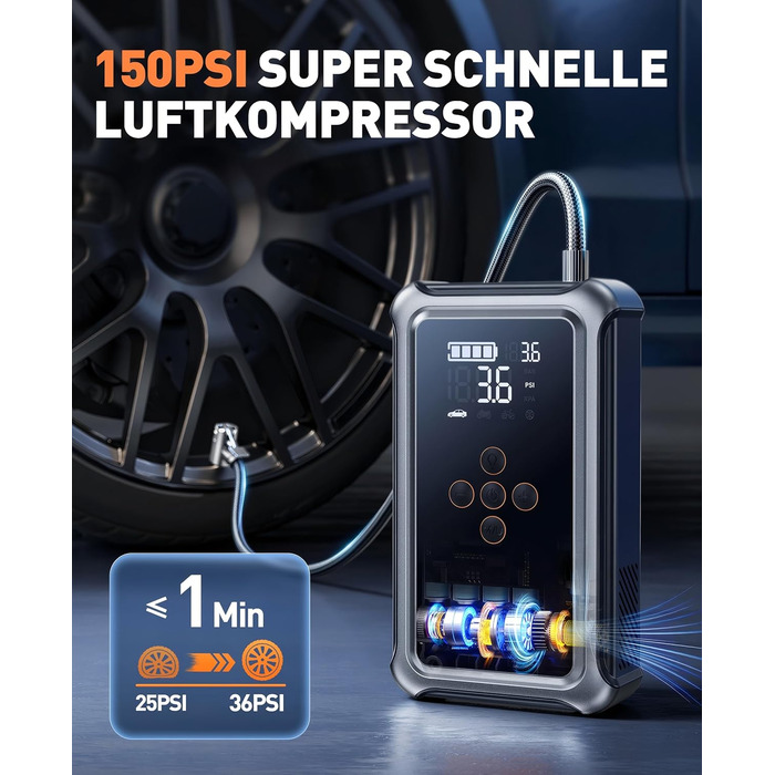 Powerbank для автомобіля Starthilfe 5000A з компресором 150PSI, 12V для бензину та дизеля (10.0L), LED, USB-C