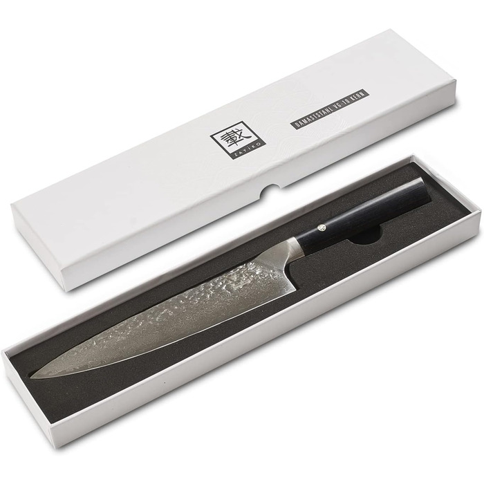 Кухонний ніж шеф-кухаря Zayiko Kuro Damast з лезом 20 см, з 67 шарів дамаської сталі, з ручкою з паккавуду