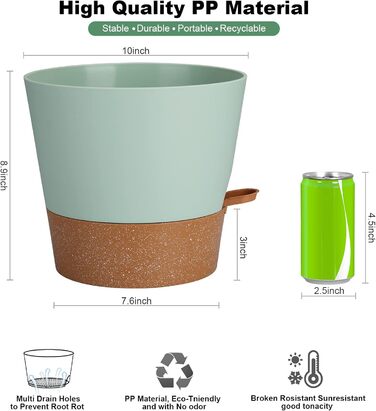 Набір з 2 горщиків для квітів 25.4 см, пластик, з системою поливу, для дому, балкону, саду, сукулентів, кактусів (зелений, коричневий)