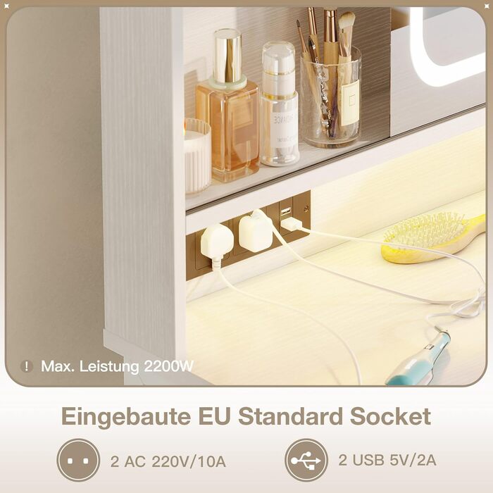 Дзеркальний туалетний столик ODK з регульованим LED-дзеркалом, USB-роз'ємами та RGB-підсвіткою, 5 висувними ящиками та 3 полицями, білий, 90×40×139 см