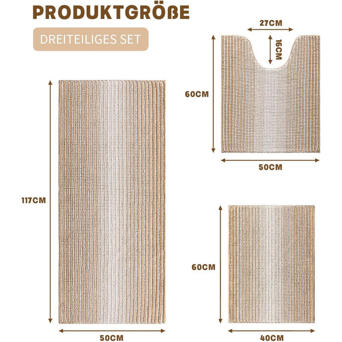 Набір килимків для ванної Chakme Chenille, нековзний, можна прати, абсорбуючий, 3 частини, бежевий
